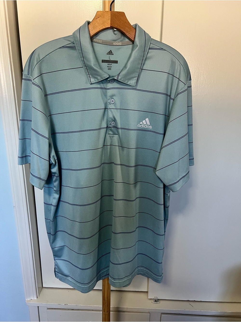 adidas Men’s Seafoam Blue Polo with Thin Navy Stripes
